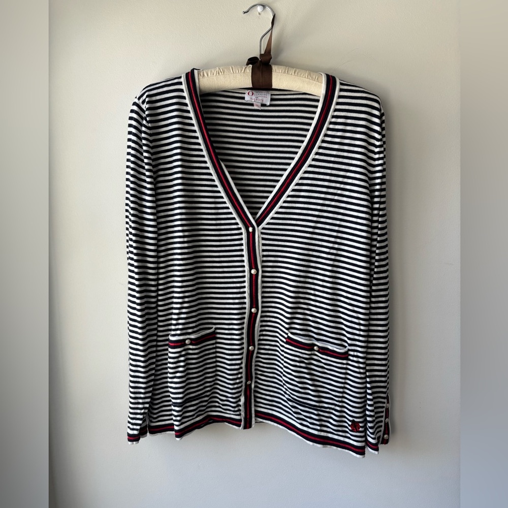 Talbots X Oprah Magazine Navy Blue, White & Red  Cardigan Size Large